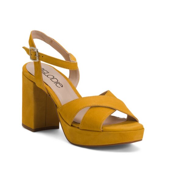 HELENE ROUGE Yellow Made In Spain Suede X-band Block Heel Sandals - Picture 1 of 2